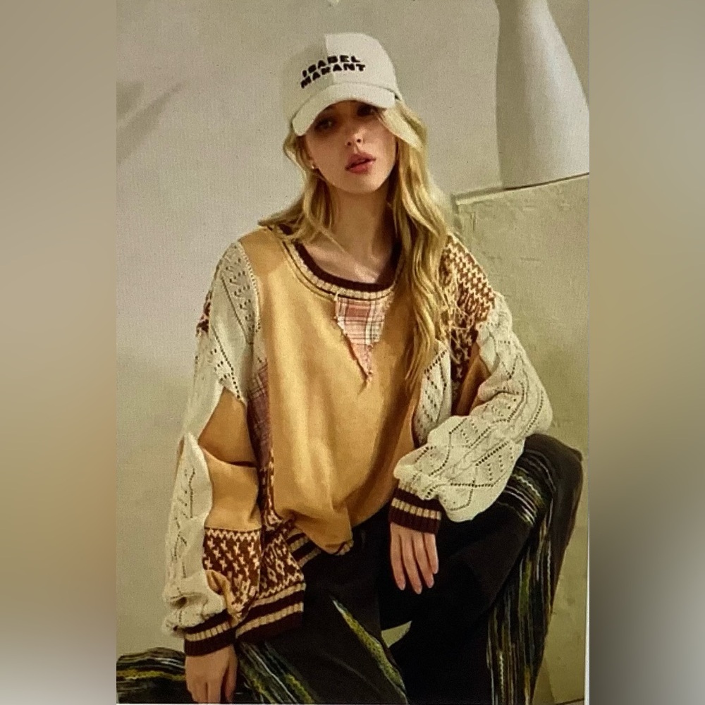 Oli & Hali Mixed Media Oversized Patchwork Cable-Knit Sweater - Mustard - Picture 2 of 5
